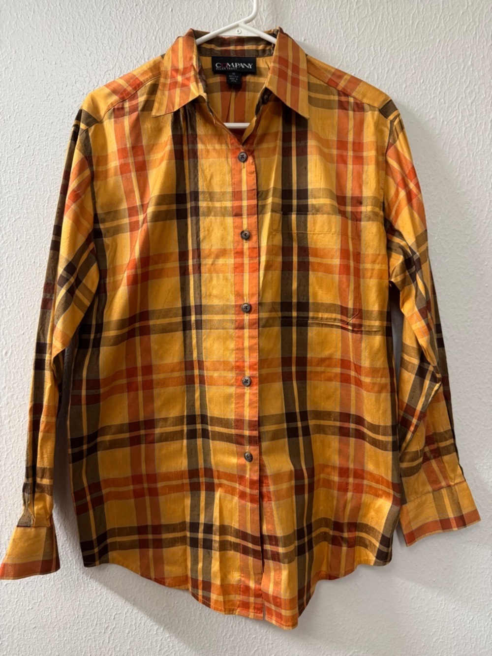 Ellen Tracy Yellow Orange Plaid Button-Down Shirt 100% Silk Size 10